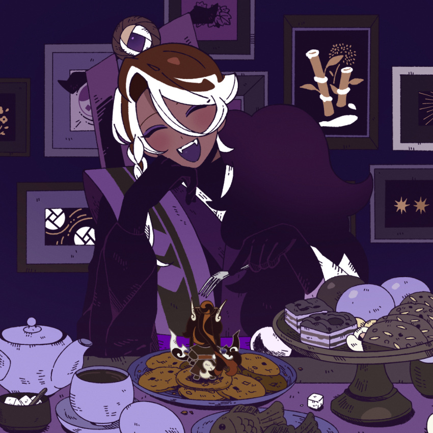 1boy, 1girl, ^_^, affogato_cookie, against_table, bishounen, black_gloves, black_shawl