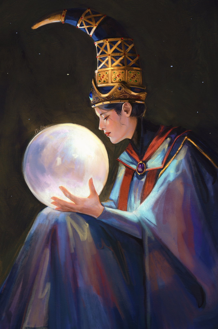 1girl, black_hair, blue_robe, commentary, conical_hat, elden_ring, english_commentary, from_side