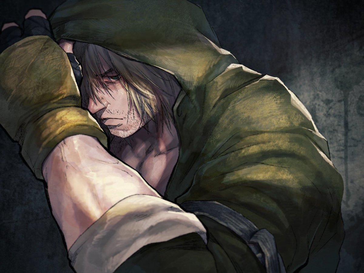 1boy, arm_belt, arm_up, beard_stubble, belt, black_belt, blonde_hair, brown_eyes