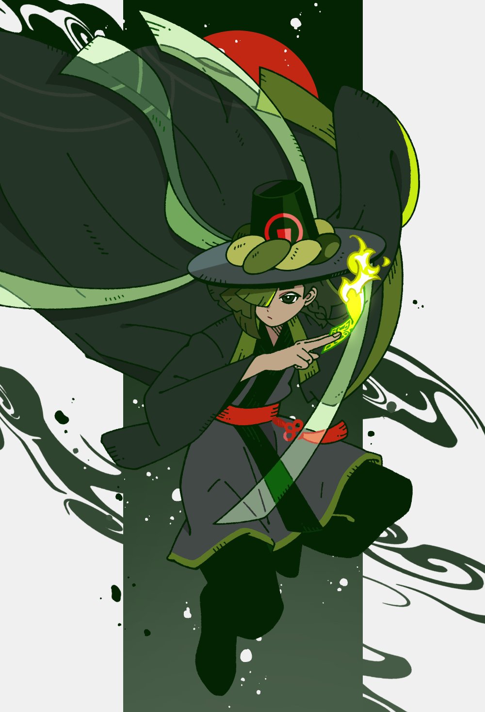 1boy, black_hat, black_pants, cape, ckrn_latte, closed_mouth, cookie_run, dot_nose, fire, floating_cape, full_body, gat_(korean_traditional_hat), gim_cookie, gradient_background, green_background, green_cape, green_fire, green_hair, green_theme, hair_over_one_eye, hat, highres, humanization, jacket, kimono_collar, korean_clothes, letterboxed, looking_to_the_side, male_focus, midair, open_clothes, open_jacket, outside_border, pants, pinching, red_jacket, red_sash, sash, solo, talisman, tassel, wide_sleeves