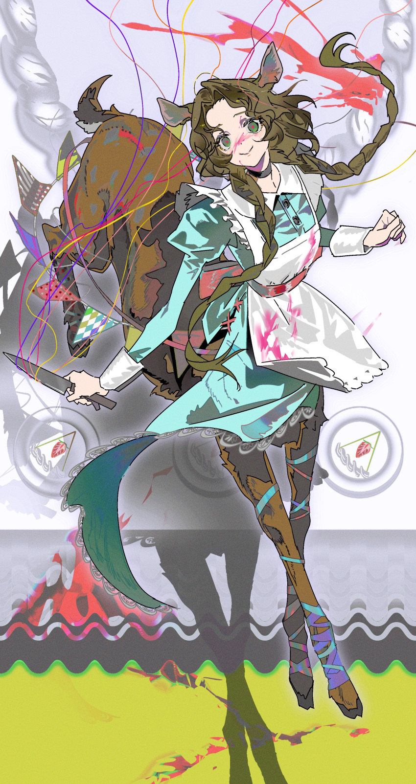 1girl, absurdres, ambiguous_pink_liquid, animal_ears, apron, aqua_dress, black_choker, braid, brown_hair, centauroid, choker, closed_mouth, collared_dress, deer_ears, deer_girl, deer_tail, dress, full_body, green_eyes, grey_background, highres, holding, holding_knife, jessica_(reverse:1999), juliet_sleeves, knife, long_hair, long_sleeves, looking_at_viewer, low_twin_braids, paint_on_clothes, paint_splatter, paint_splatter_on_face, pink_liquid, puffy_sleeves, reverse:1999, shadow, smile, solo, tail, taur, twin_braids, white_apron, yanghua_gaizi