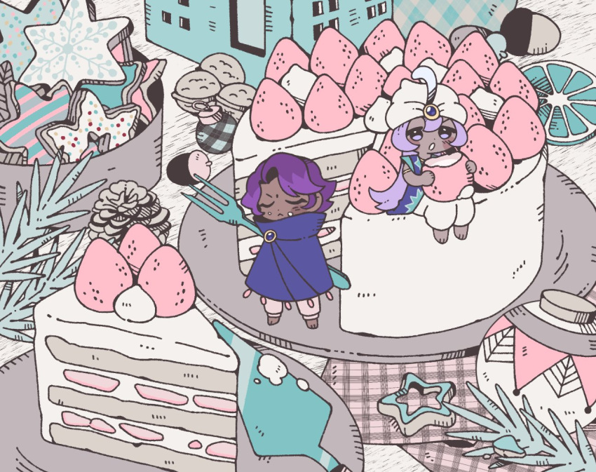 2boys, :o, acorn, blue_cloak, cake, cake_slice, chibi, chibi_only