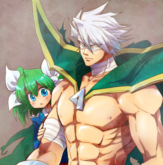 bandage, blush, cape, chest, crossdressinging, cruz_schild, empty_eyes, genderswap