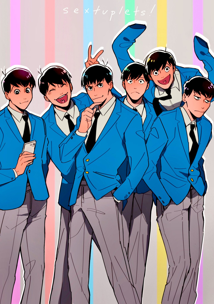 6+boys, ahoge, blue_jacket, brothers, closed_eyes, finger_to_own_chin, grey_background, grey_pants, highres, holding, holding_phone, jacket, jitome, looking_at_viewer, male_focus, maririnbo, matsuno_choromatsu, matsuno_ichimatsu, matsuno_jyushimatsu, matsuno_karamatsu, matsuno_osomatsu, matsuno_todomatsu, multiple_boys, necktie, osomatsu-san, osomatsu_(series), pants, phone, sextuplets, siblings, slouching, smile, suit, two-tone_background, v, white_sleeves