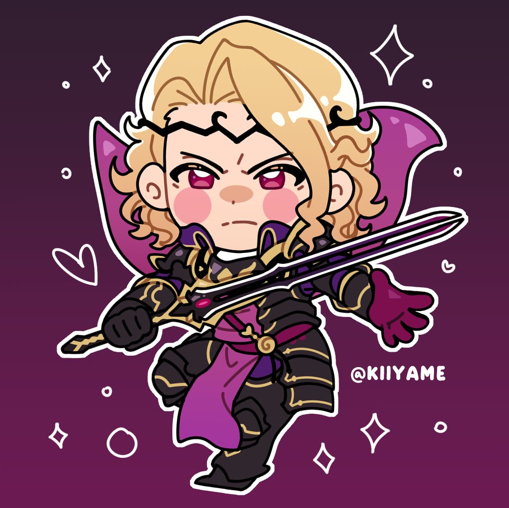 1boy, 1girl, aristocratic_clothes, armor, black_armor, blonde_hair, cape, fire_emblem, fire_emblem_fates, kiiyame, male_focus, purple_cape, red_eyes, siegfried_(sword), xander_(fire_emblem)