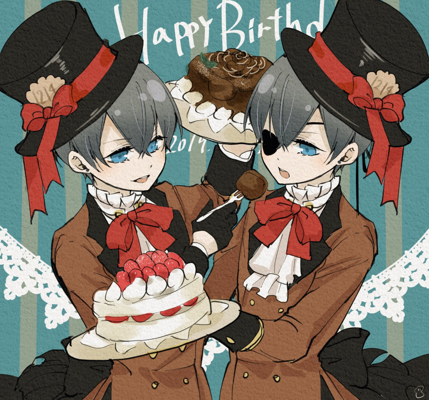 2019, 2boys, ascot, black_bow, black_gloves, blue_background, blue_eyes, blue_hair, bow, bowtie, brown_jacket, buttons, cake, chocolate_cake, ciel_phantomhive, ciel_phantomhive's_brother, eyepatch, food, fork, gloves, happy_birthday, hat, hat_bow, highres, holding, holding_fork, holding_plate, jacket, kuroshitsuji, male_focus, multiple_boys, open_mouth, plate, red_bow, red_bowtie, siblings, strawberry_cake, teeth, top_hat, twins, upper_teeth_only, white_ascot, yu_ki_koo