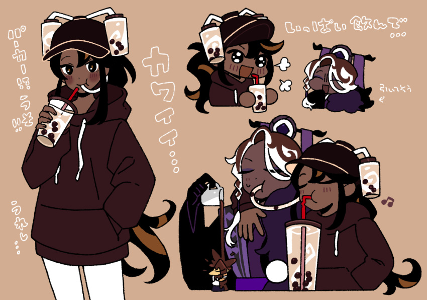 1boy, 1girl, :t, affogato_cookie, april_fools, arm_on_another's_shoulder, baseball_cap, black_hat