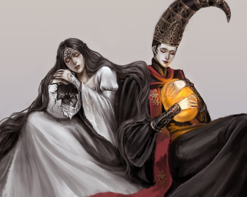 2girls, black_hair, black_robe, circlet, closed_eyes, commentary, company_connection, conical_hat