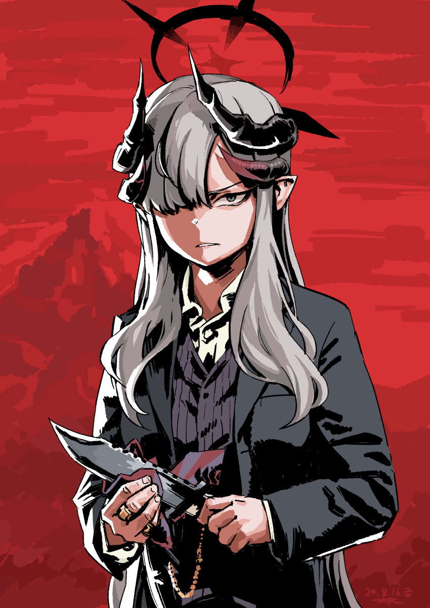 1girl, absurdres, black_horns, blue_archive, character_request, combat_knife, demon_horns, gradient_halo