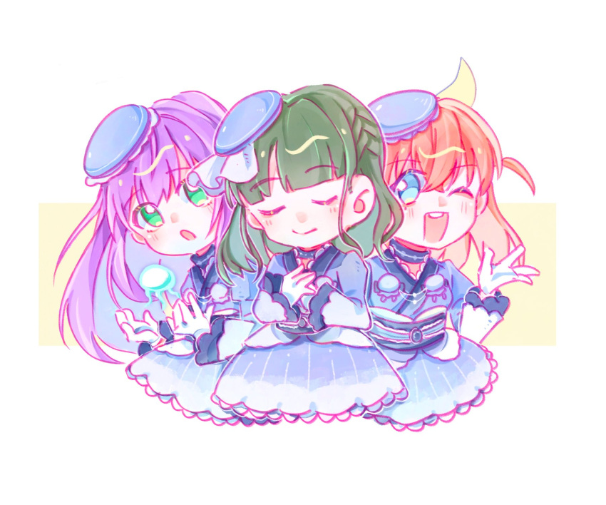 3girls, :o, ;d, beret, blue_eyes, blue_hat, blue_kimono, blue_skirt