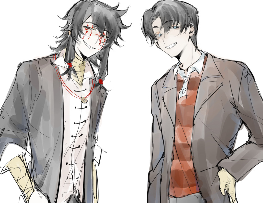 2boys, absurdres, black_eyes, black_hair, black_jacket, blue_eyes, chinese_commentary, collared_shirt