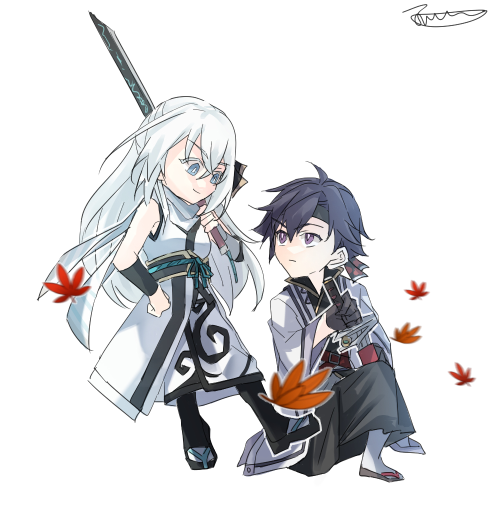 1boy, 1girl, ahoge, black_hair, blue_eyes, chibi, curtained_hair, eiyuu_densetsu