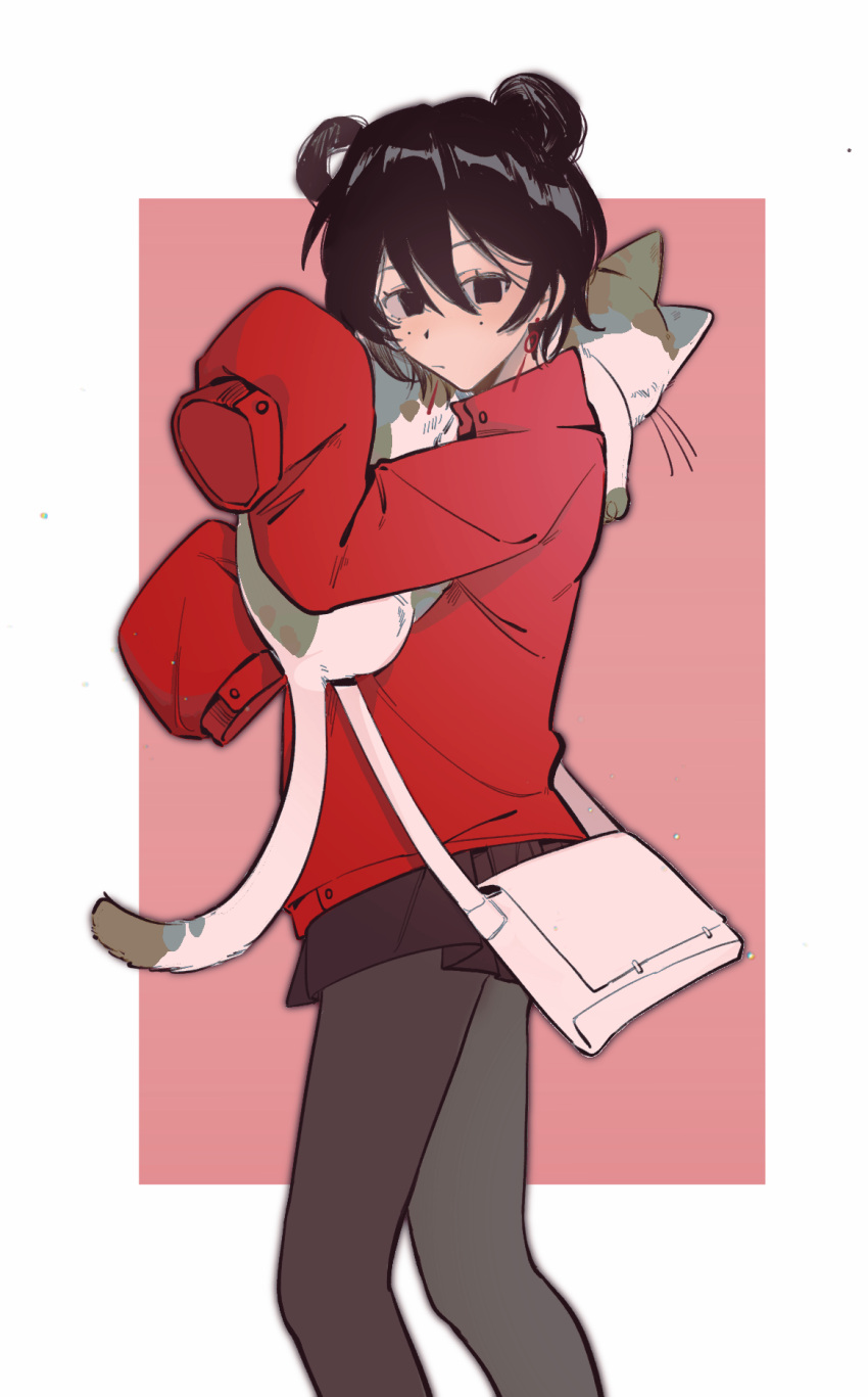 1712062993, 1girl, animal, bag, black_eyes, black_hair, black_pantyhose, black_skirt, cat, chinese_commentary, commentary_request, earrings, expressionless, feet_out_of_frame, hair_between_eyes, hair_bun, high_collar, highres, holding, holding_animal, jacket, jewelry, li_yuting_(female), long_sleeves, messenger_bag, miniskirt, mole, mole_under_each_eye, mole_under_eye, multiple_moles, pantyhose, pleated_skirt, red_jacket, short_hair, shoulder_bag, single_hair_bun, single_hair_ring, skirt, sleeves_past_fingers, sleeves_past_wrists, solo, touqi_guaitan, white_bag