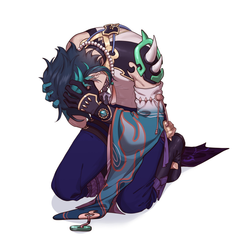1boy, annidrw, aqua_hair, bead_necklace, beads, black_gloves, black_hair, blue_pants