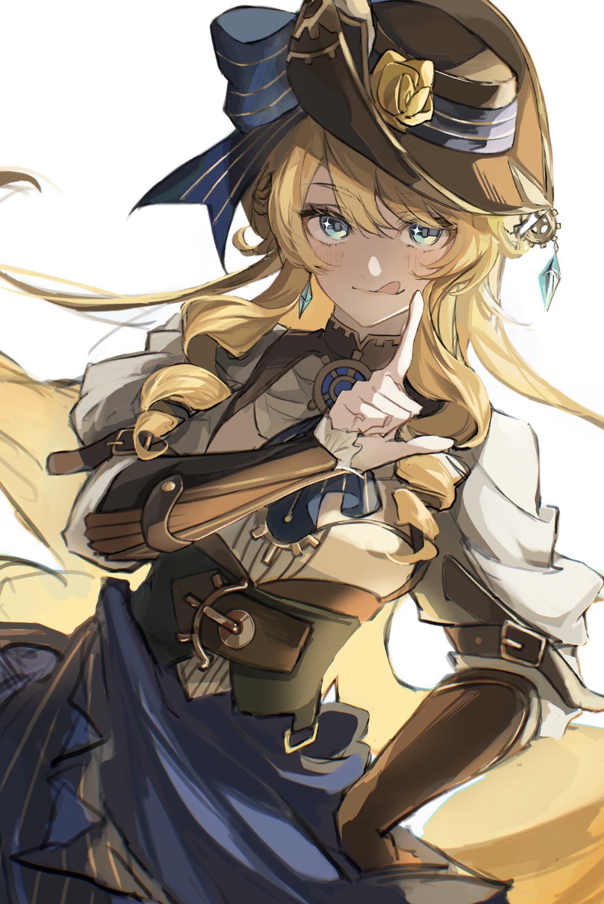 1girl, :q, blonde_hair, blue_eyes, blue_skirt, brown_hat, commentary, drill_hair