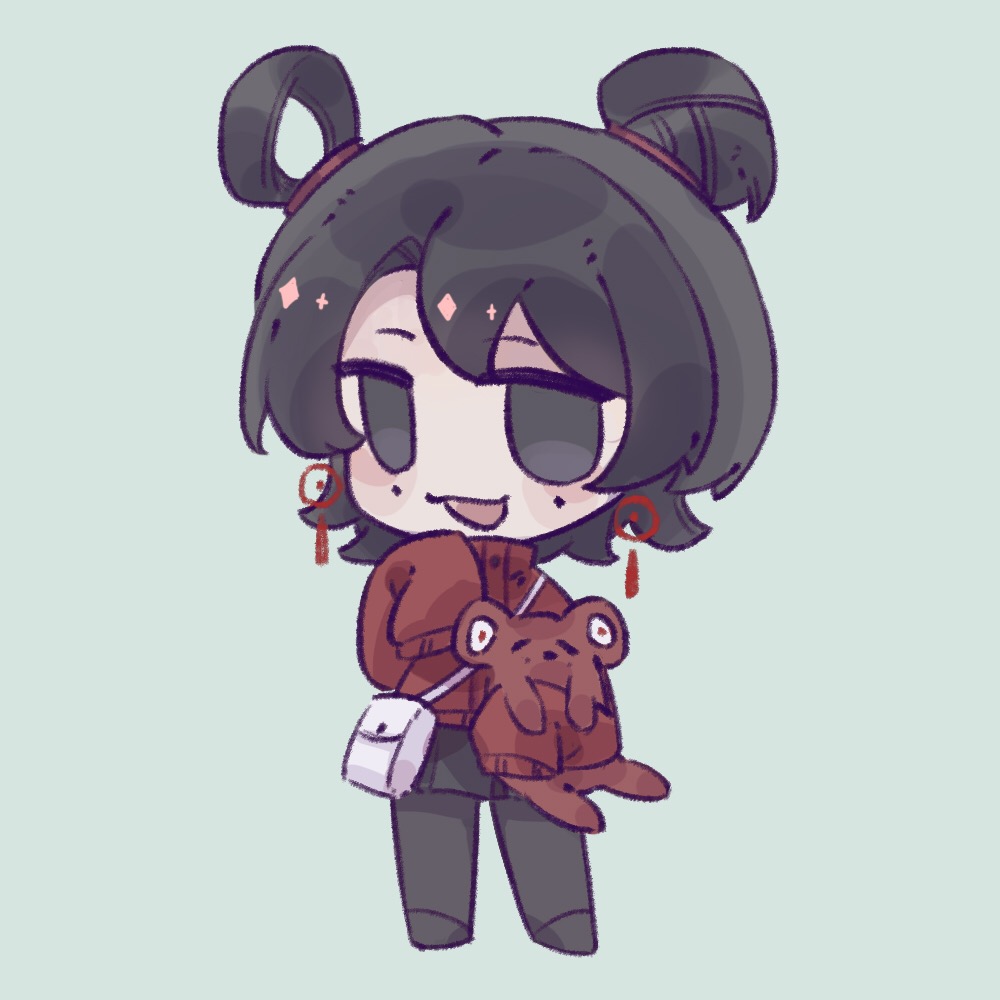 1girl, aqua_background, bag, black_eyes, black_footwear, black_hair, black_pantyhose, black_skirt, chibi, chibi_only, chinese_commentary, commentary_request, earrings, hair_between_eyes, hair_bun, hair_ribbon, high_collar, holding, holding_stuffed_toy, jacket, jewelry, li_yuting_(female), li_yuting_(mouse), long_sleeves, medium_hair, messenger_bag, miniskirt, mole, mole_under_each_eye, mole_under_eye, multiple_moles, pantyhose, pleated_skirt, red_jacket, red_ribbon, ribbon, shoulder_bag, simple_background, single_hair_bun, single_hair_ring, skirt, sleeves_past_fingers, sleeves_past_wrists, solo, stuffed_animal, stuffed_mouse, stuffed_toy, touqi_guaitan, white_bag, ya28905521