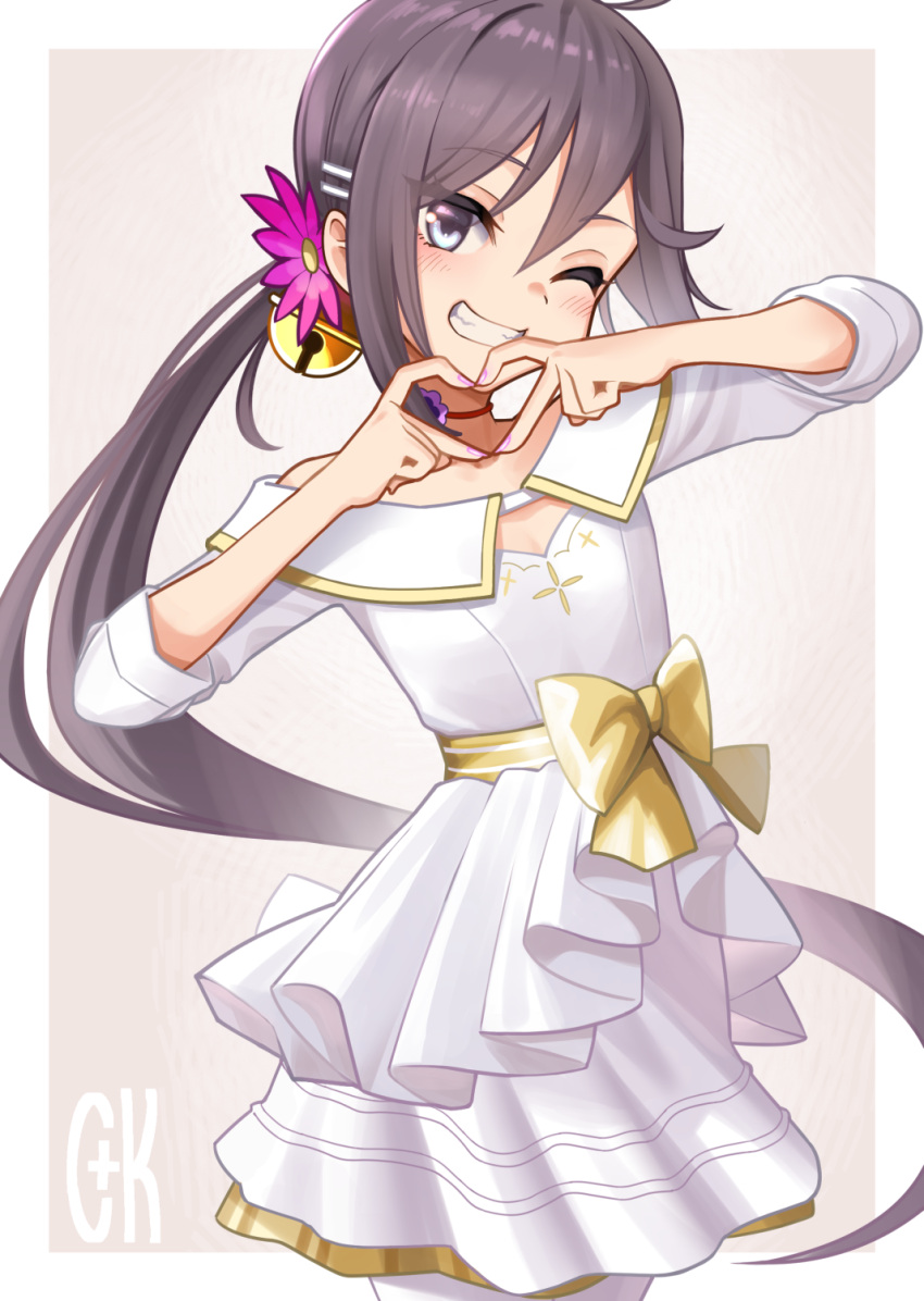 1girl, akebono_(10th_anniversary)_(kancolle), akebono_(kancolle), bell, blush, bow, choker, dress, flower, grin, hair_bell, hair_between_eyes, hair_flower, hair_ornament, hairclip, heart, heart_hands, highres, jingle_bell, kantai_collection, long_hair, looking_at_viewer, mizoki_kei, one_eye_closed, pink_flower, purple_hair, side_ponytail, simple_background, smile, solo, very_long_hair, white_dress, yellow_bow