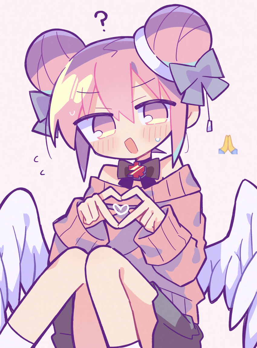 1girl, ?, absurdres, angel, angel_wings, black_bow, blush, bow, bow_choker, datenshi-chan_(nanawo_akari), double_bun, finger_heart, grey_skirt, hair_between_eyes, hair_bow, hair_bun, heart, highres, indie_utaite, nanawo_akari, off-shoulder_sweater, off_shoulder, open_mouth, pink_background, pink_eyes, pink_hair, pink_sweater, praying_emoji, pull_cord, purple_bow, richard_(richaball), sidelocks, simple_background, sitting, skirt, socks, solo, sweater, white_socks, wings