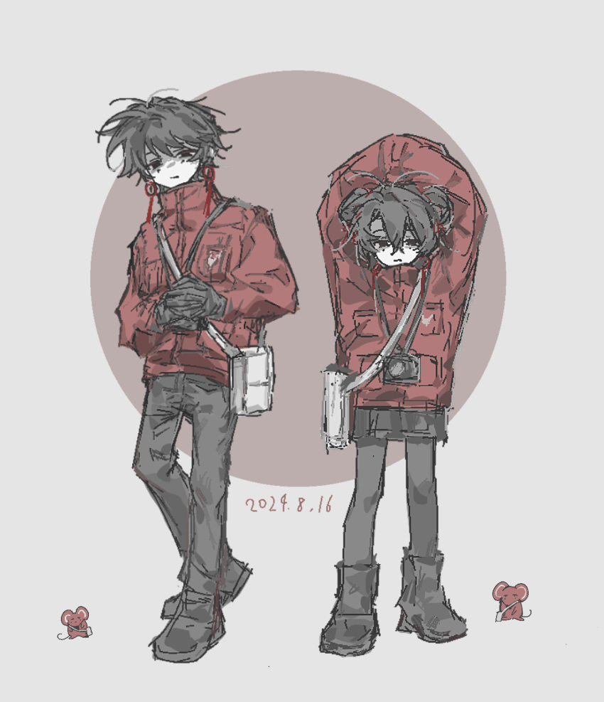 1boy, 1girl, animalization, arms_up, bag, black_eyes, black_footwear, black_gloves
