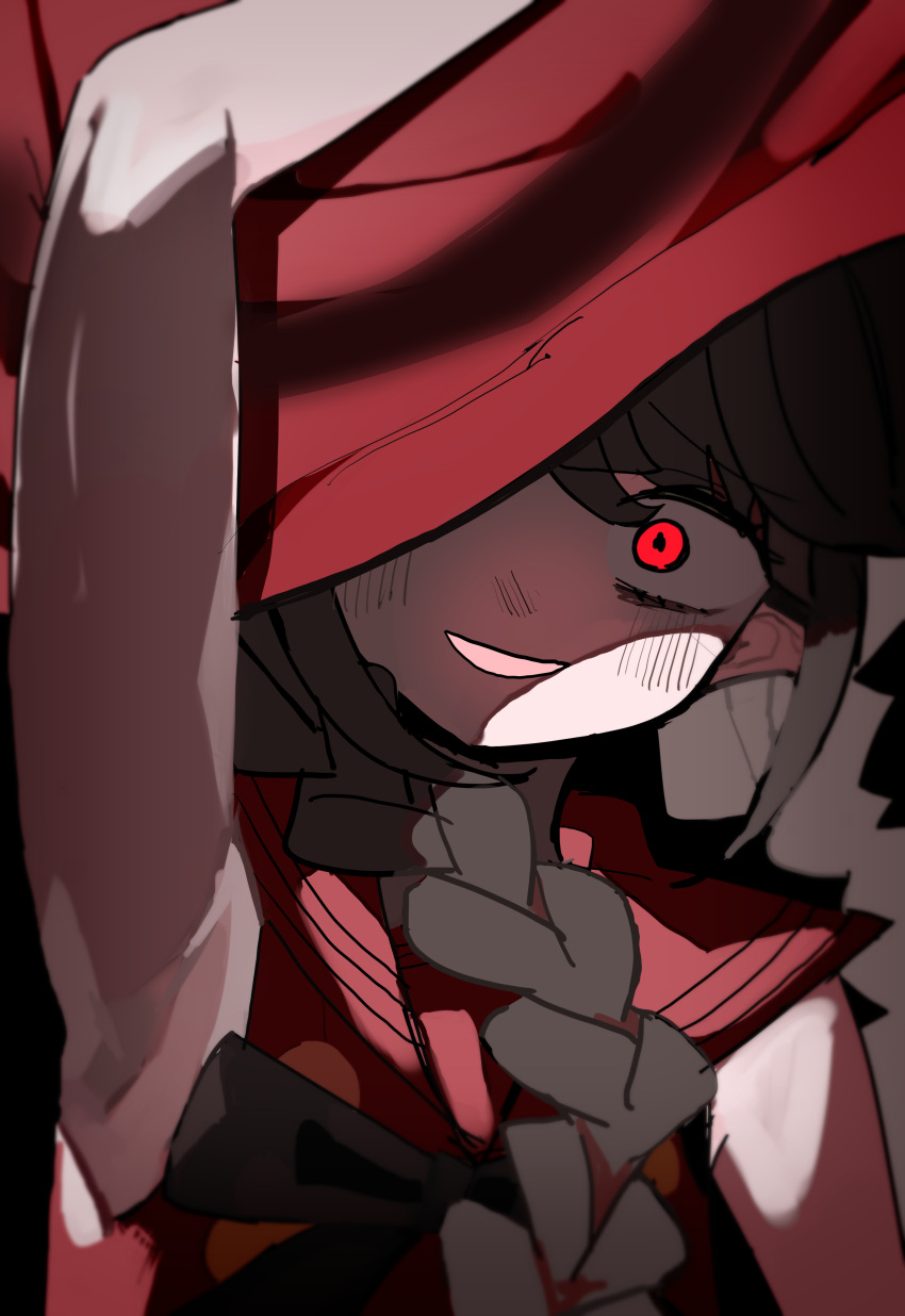 absurdres, arm_up, black_bow, black_bowtie, bow, bowtie, braid, brown_hair, colored_skin, funamusea, glowing, glowing_eye, hat, hat_over_one_eye, highres, long_hair, looking_at_viewer, nail_polish, oounabara_to_wadanohara, open_mouth, oyumeno, pointy_ears, red_eyes, red_hat, red_sailor_collar, red_shirt, sailor_collar, shaded_face, shirt, sidelocks, sleeveless, sleeveless_shirt, twin_braids, wadanohara, wadanohara_(red_sea), white_skin