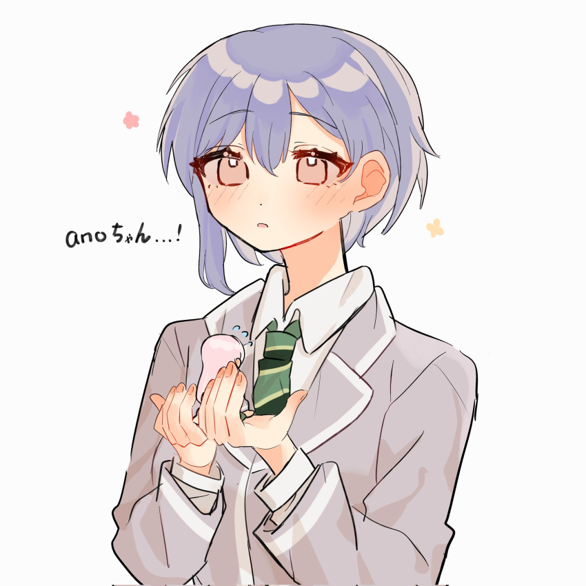 2girls, bang_dream!, bang_dream!_it's_mygo!!!!!, blush, chihaya_anon, collared_shirt, commentary, corrupted_twitter_file, flying_sweatdrops, grey_jacket, haneoka_school_uniform, highres, jacket, long_hair, long_sleeves, looking_at_another, mini_person, minigirl, misawa_yuka, multiple_girls, parted_lips, pink_eyes, pink_hair, purple_hair, school_uniform, shirt, short_hair, size_difference, takamatsu_tomori, upper_body, white_shirt