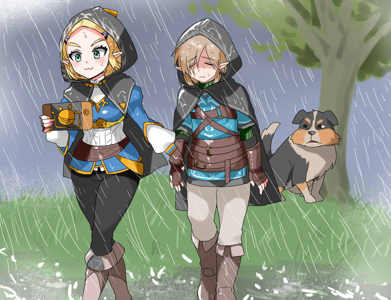 1boy, 1girl, :3, belt, black_cloak, black_pants, blonde_hair, blue_tunic