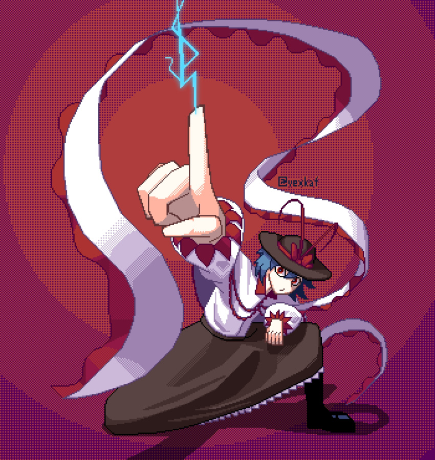 1girl, arm_up, black_footwear, black_hat, black_skirt, bow, capelet, commentary