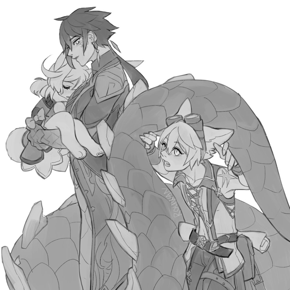 1girl, 2boys, animal_ears, bennett_(genshin_impact), carrying, cat_boy, cat_ears, commentary