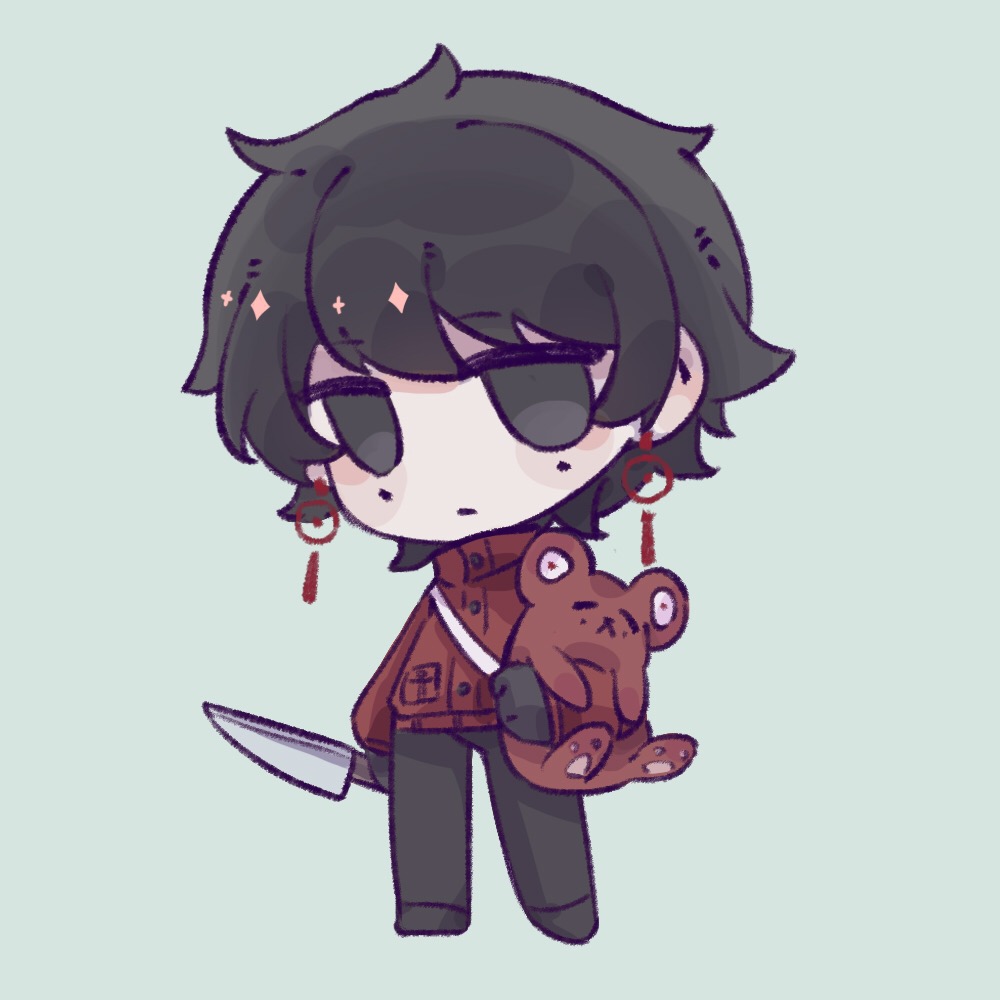 1boy, aqua_background, black_eyes, black_gloves, black_hair, black_pants, chibi, chibi_only