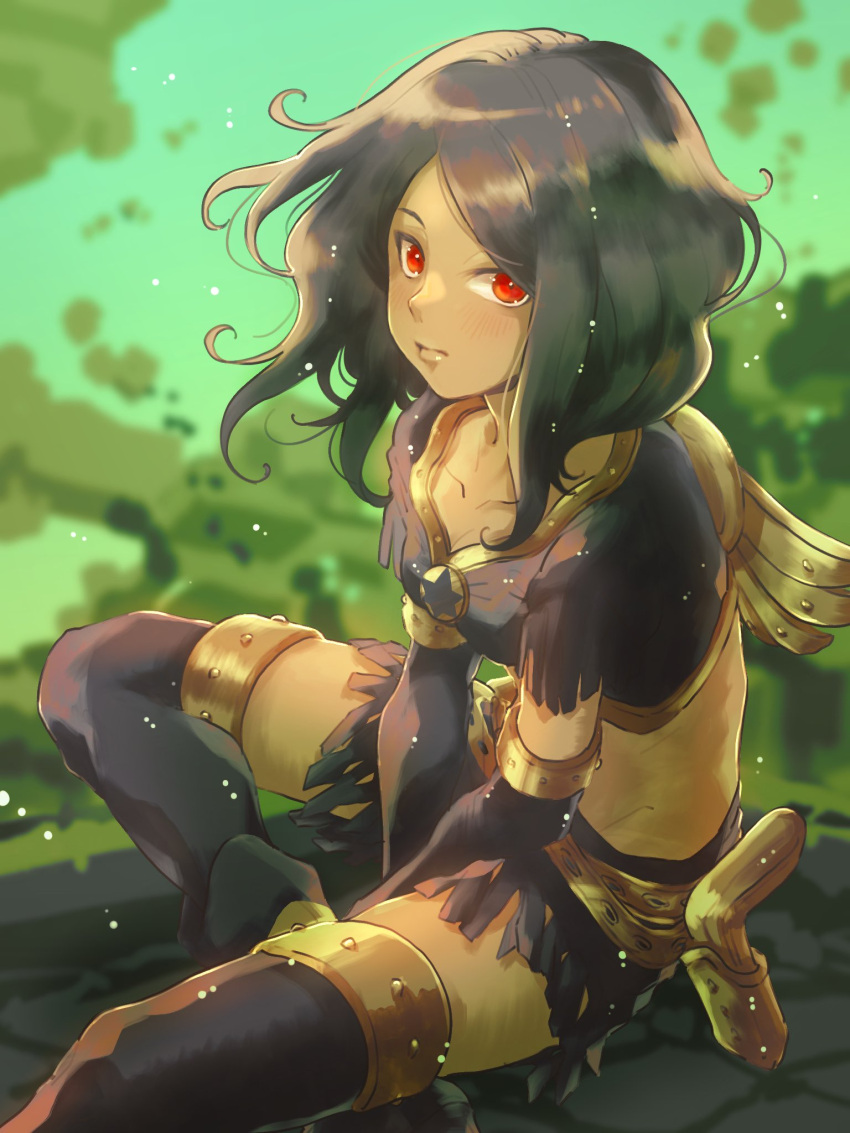 1girl, black_footwear, black_gloves, black_hair, black_shirt, black_shorts, boots, commentary, cosplay, crop_top, cross-laced_footwear, dark-skinned_female, dark_skin, elbow_gloves, expressionless, floating_hair, fringe_trim, gloves, gravity_daze, gravity_daze_2, highres, kali_angel, kali_angel_(cosplay), kitten_(gravity_daze), light_blush, long_hair, looking_at_viewer, no31990, official_alternate_color, official_alternate_costume, official_alternate_hairstyle, red_eyes, shirt, shorts, sitting, solo, symbol-only_commentary, thigh_boots