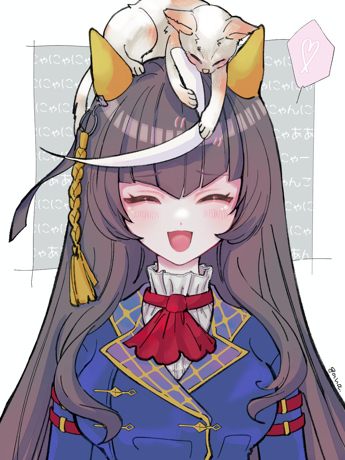 1girl, ahoge, animal_ears, blunt_bangs, breasts, calstone_light_o_(umamusume), cat, closed_eyes