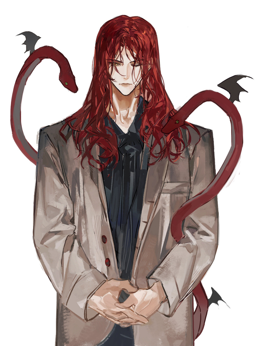 1boy, absurdres, ascot, bat_wings, black_ascot, black_shirt, business_suit, chesirsaaa, contemporary, dress_shirt, elden_ring, hair_in_eyes, hair_over_eyes, highres, jacket, long_hair, looking_at_viewer, male_focus, messmer_the_impaler, messy_hair, one_eye_closed, own_hands_clasped, own_hands_together, red_snake, redhead, shirt, slit_pupils, snake, snake_wrapped_around_body, suit, suit_jacket, white_suit, winged_animal, wings, yellow_eyes