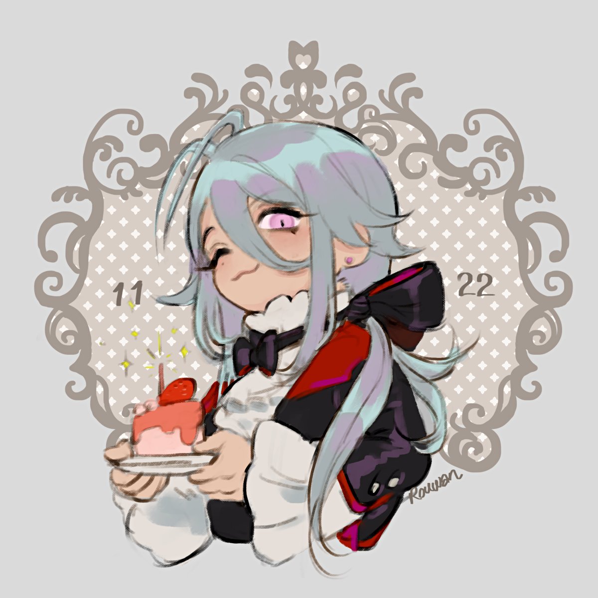 1boy, :3, ascot, birthday, cake, commentary, food, grey_background, grey_hair, highres, long_hair, looking_at_viewer, male_focus, one_eye_closed, original, pink_eyes, rouwan, shirt, solo, symbol-only_commentary, upper_body, white_ascot, white_shirt