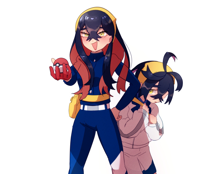 1boy, 1girl, assassinookayu, black_hair, blue_jacket, blue_pants, blush, brother_and_sister