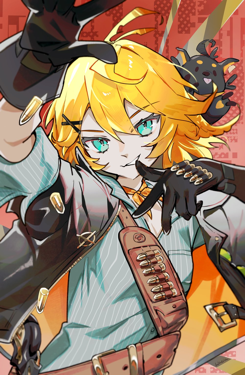 ahoge, aqua_shirt, belt, black_gloves, blonde_hair, blue_eyes, brown_belt, cartridge