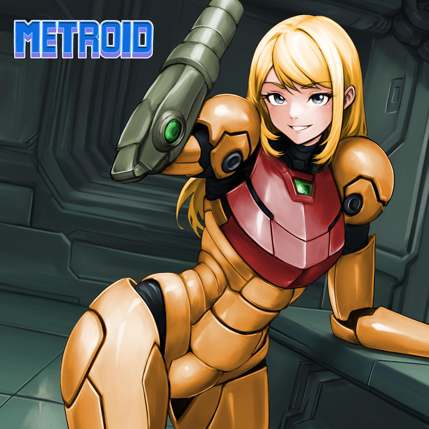 1girl, arm_cannon, armor, blonde_hair, bodysuit, copyright_name, grey_eyes, highres, long_hair, looking_at_viewer, metroid, minamoto80486, opencanvas_(medium), power_armor, power_suit_(metroid), samus_aran, science_fiction, smile, solo, swept_bangs, weapon
