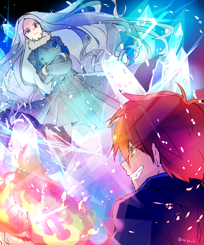 1boy, 1girl, blue_eyes, blue_hair, brown_hair, closed_mouth, crossed_arms, cryokinesis