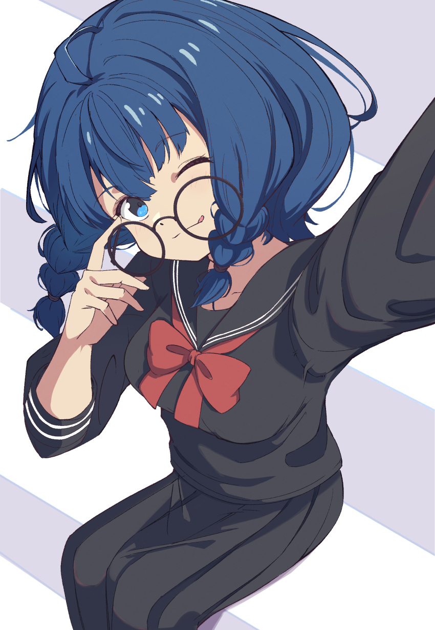 1girl, absurdres, adjusting_eyewear, ahoge, black-framed_eyewear, black_dress, black_sailor_collar, black_serafuku, black_skirt, blue_eyes, blue_hair, braid, breasts, closed_mouth, dress, glasses, hand_on_eyewear, hand_up, highres, holding, holding_phone, looking_at_viewer, make_heroine_ga_oo_sugiru!, medium_breasts, medium_hair, naisu_(nai_su01), neckerchief, one_eye_closed, phone, pleated_skirt, red_neckerchief, round_eyewear, sailor_collar, sailor_dress, school_uniform, selfie, serafuku, sitting, sitting_on_stairs, skirt, solo, stairs, tongue, tongue_out, twin_braids, yanami_anna