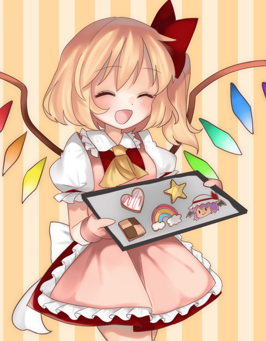 1girl, adapted_costume, apron, ascot, back_bow, blonde_hair, bow, checkerboard_cookie, closed_eyes, collared_shirt, commentary, cookie, cowboy_shot, flandre_scarlet, food, frilled_apron, frilled_shirt_collar, frills, hair_bow, happy, highres, holding, holding_tray, hyaku_paasento, large_bow, maid_apron, medium_hair, multicolored_wings, no_headwear, one_side_up, open_mouth, pink_apron, puffy_short_sleeves, puffy_sleeves, red_bow, red_ribbon, red_skirt, red_vest, ribbon, shirt, short_sleeves, simple_background, skirt, sleeve_ribbon, solo, striped_background, symbol-only_commentary, touhou, tray, vest, white_bow, white_shirt, wings, yellow_ascot, yellow_background