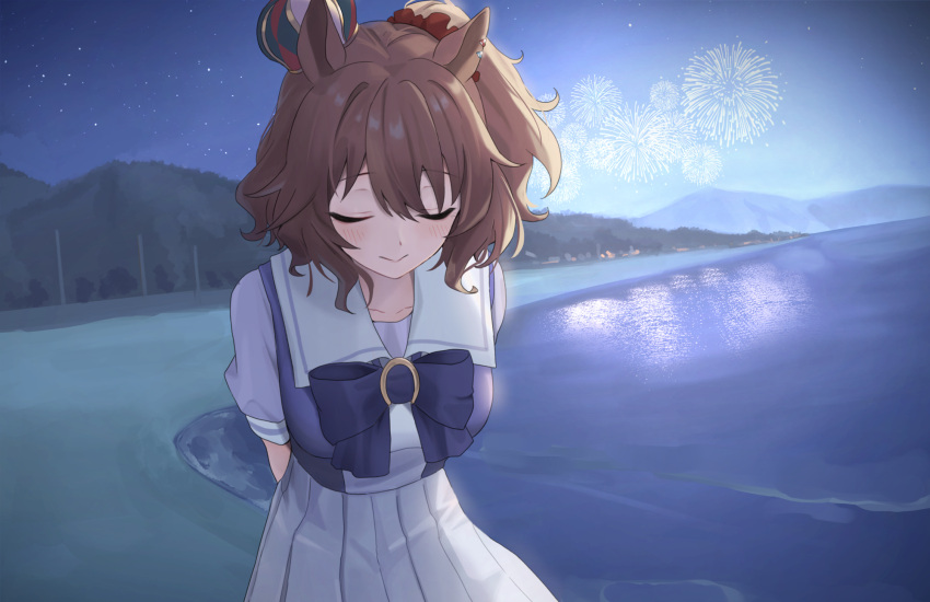 1girl, animal_ears, arms_behind_back, aston_machan_(umamusume), beach, bow, bowtie, breasts