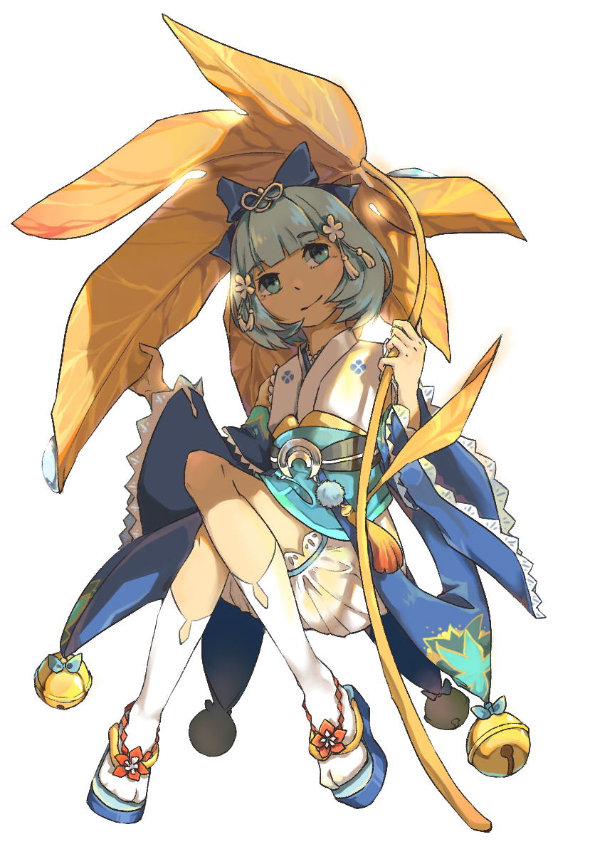 1girl, bell, bloomers, blue_bow, blue_eyes, blue_hair, bow, detached_sleeves