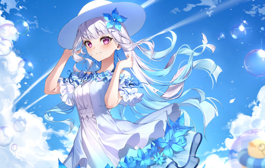 1girl, blue_flower, blue_hair, blunt_bangs, blurry, bubble, clouds, colored_inner_hair