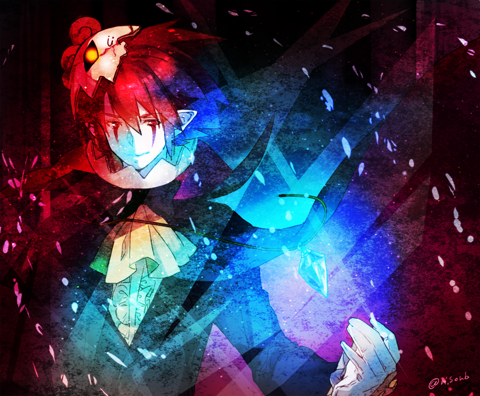 1boy, ascot, beatmania_iidx, character_request, closed_mouth, facepaint, floating_cape, glowing_necklace
