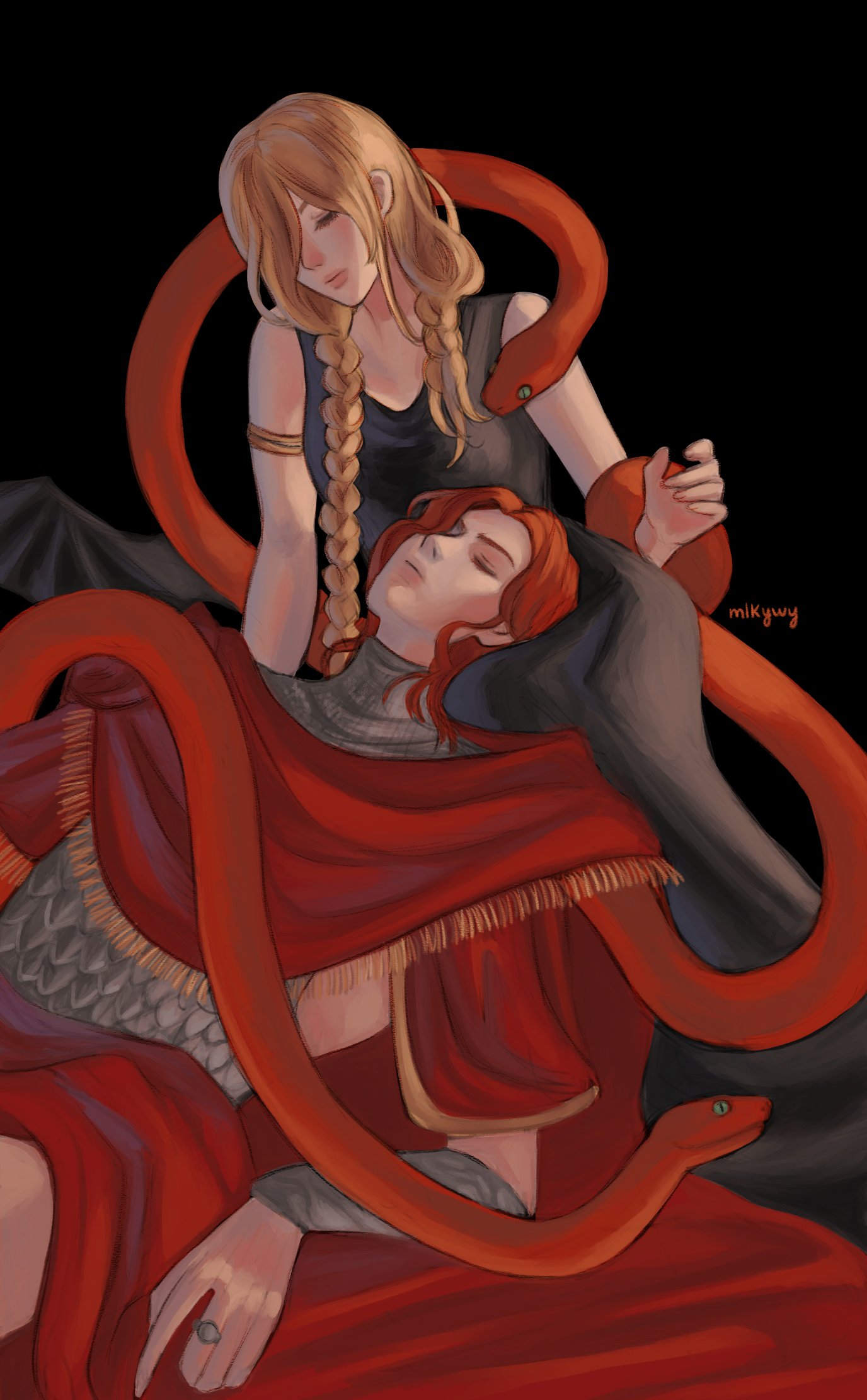 1boy, 1girl, armlet, armor, blonde_hair, bracer, braid, capelet