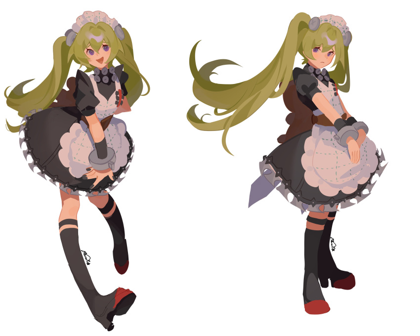 1girl, absurdres, apron, black_dress, black_footwear, boots, commentary, corin_wickes