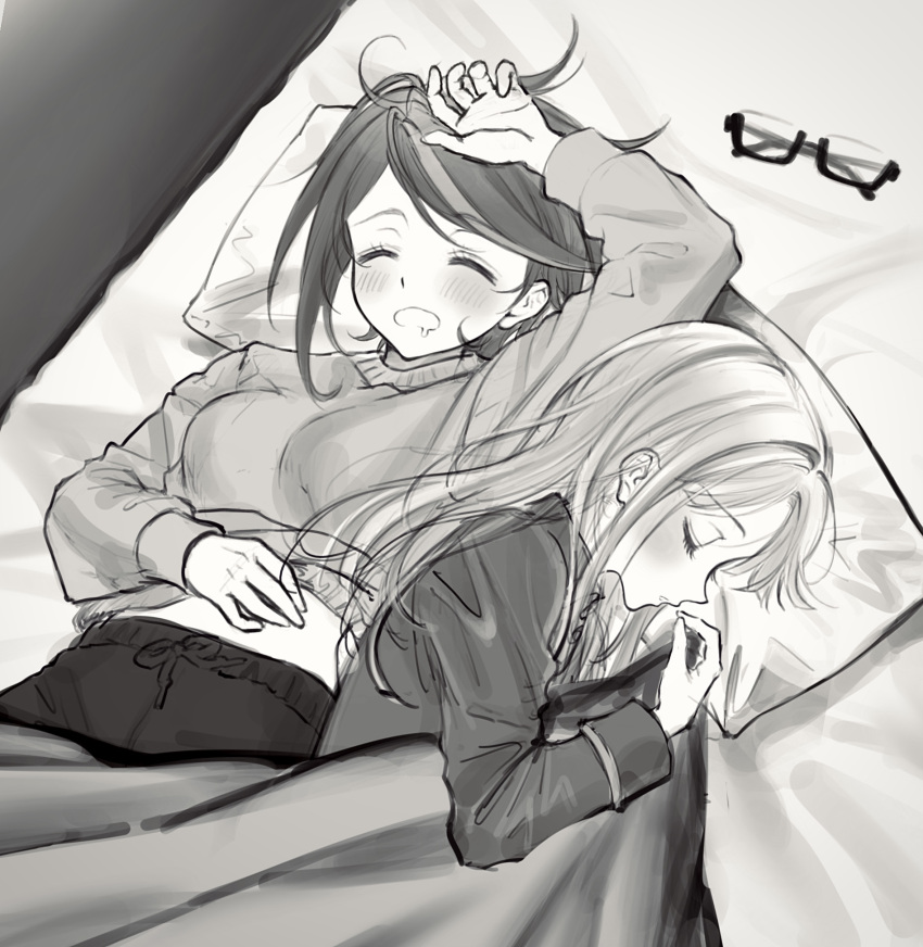 2girls, bed, blush, breasts, chi_(cncntikuwa), d:, danganronpa_(series), danganronpa_kirigiri