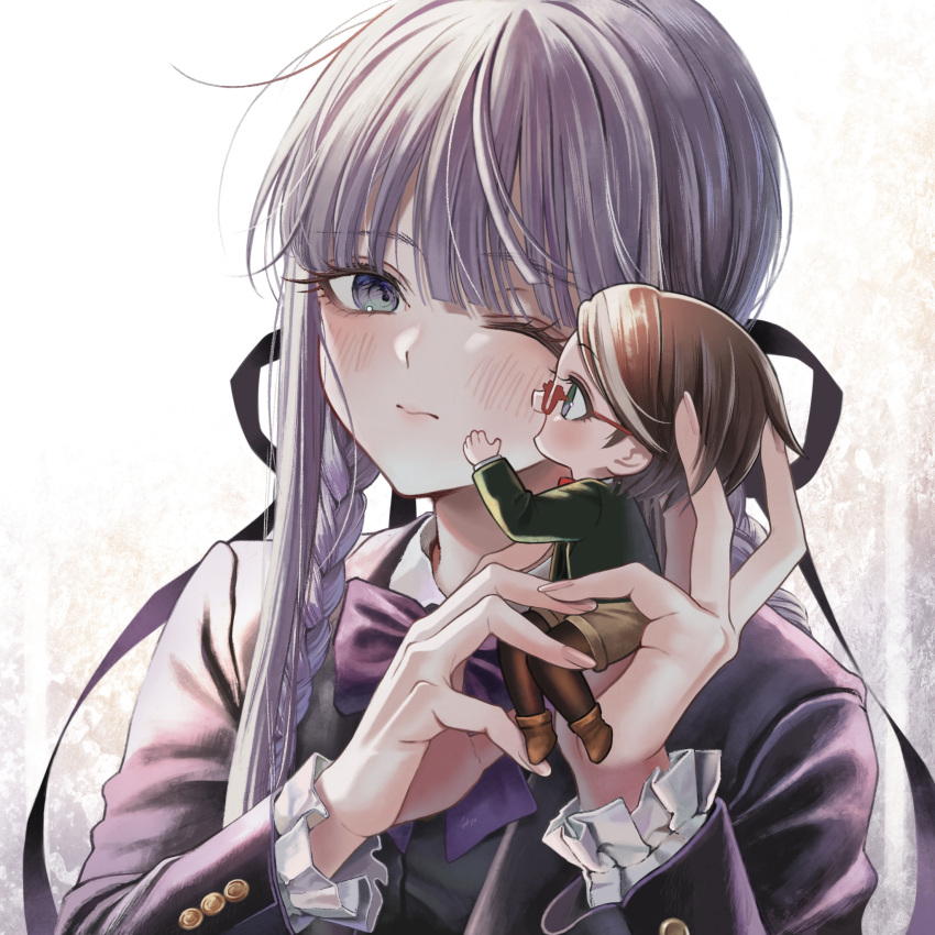 2girls, :d, black_jacket, black_ribbon, blush, bow, bowtie, braid