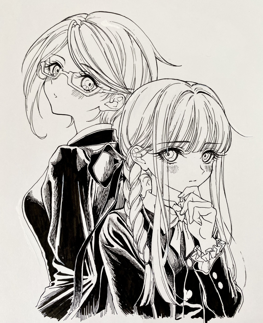 2girls, absurdres, blush, bow, bowtie, braid, chi_(cncntikuwa), cropped_torso