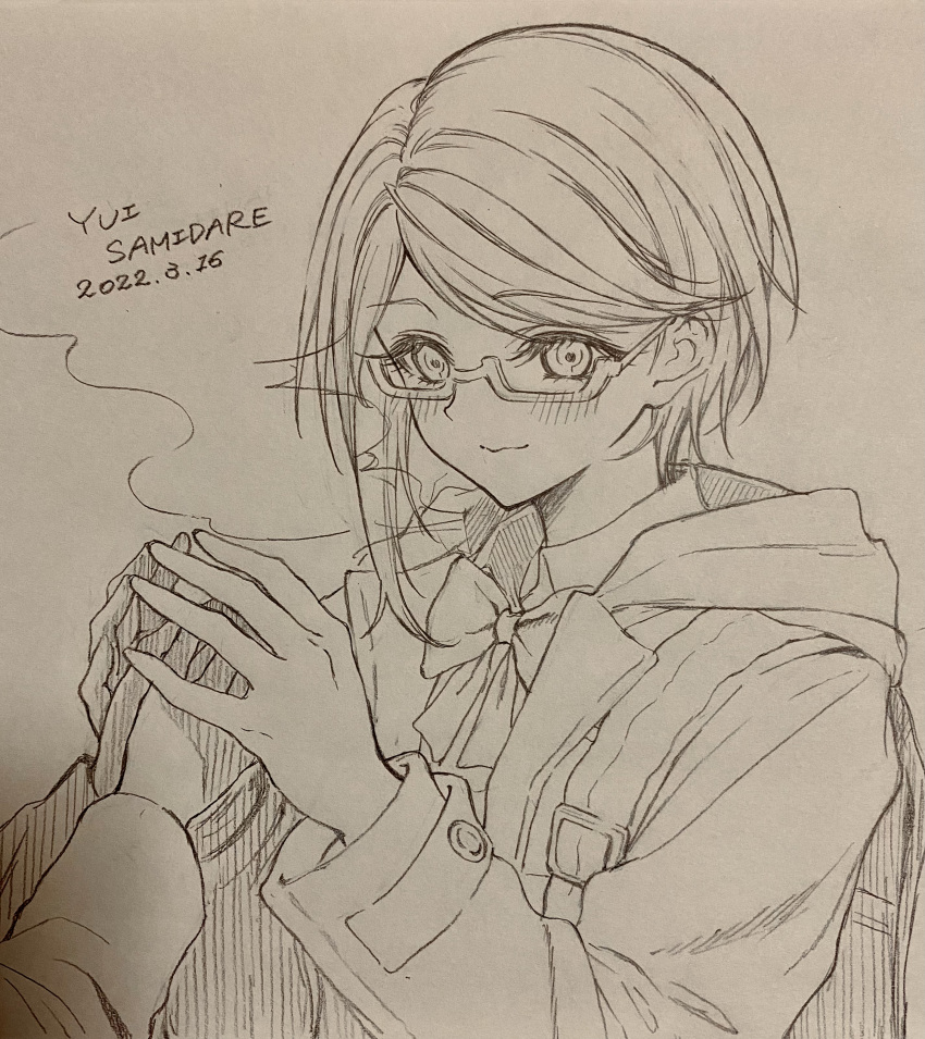 1girl, absurdres, blush, bow, bowtie, character_name, chi_(cncntikuwa), closed_mouth, danganronpa_(series), danganronpa_kirigiri, dated, glasses, highres, holding_hands, hood, hooded_jacket, jacket, looking_at_viewer, samidare_yui, short_hair, smile, solo_focus, traditional_media