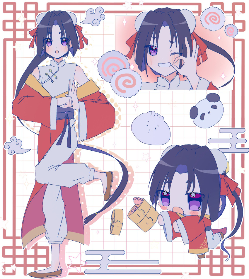 +_+, 1boy, :o, absurdly_long_hair, absurdres, bamboo_steamer, baozi, ben-day_dots